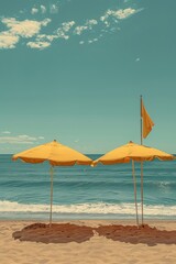 Two yellow umbrellas provide shade on a serene beach under a bright blue sky.