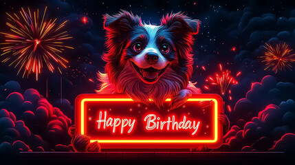 Vibrant and joyful birthday celebration art featuring a cute dog with neon lights and fireworks, perfect for wall art, posters, cards, and festive decorations.