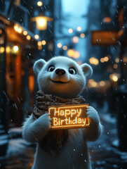 Adorable polar bear holding a 'Happy Birthday' sign in a cozy, illuminated winter street scene, perfect for birthday decorations, wall art, or festive digital backgrounds.