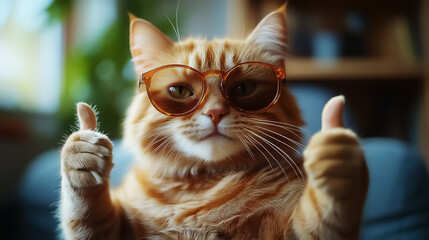 A playful orange tabby cat wearing sunglasses gives a thumbs up, perfect for wall art, posters, or fun decorations that bring joy and positivity to any space.