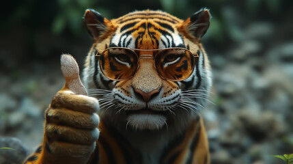 Vibrant and playful tiger giving a thumbs up, perfect for wall art, posters, and social media content promoting wildlife conservation and positivity.