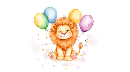 Naklejka premium Children's birthday illustration with baby lion watercolor style with balloons