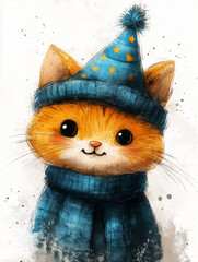 Cheerful orange cat wearing a festive party hat and blue scarf, perfect for children's room decor or joyful holiday celebrations as wall art or greeting cards.