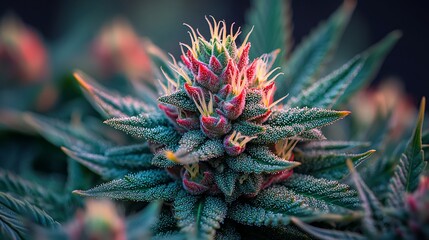 Close-up of a vibrant cannabis bud with red and green hues.