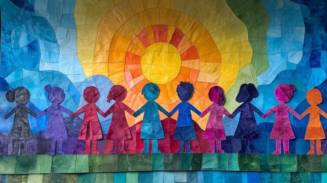 A group of children holding hands in unity against a vibrant mosaic background, representing diversity, inclusion, and a strong sense of community and togetherness.