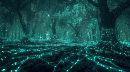 Fototapeta premium Enchanted forest with a network of glowing teal connections weaving through the trees.