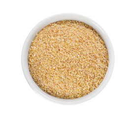 Raw wheat groats in bowl isolated on white, top view