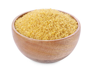 Raw bulgur in wooden bowl isolated on white