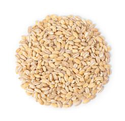 Pile of pearl barley groats isolated on white, top view