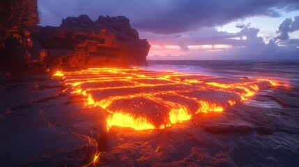 Fototapeta premium A dramatic lava flow meets the ocean at sunset, showcasing nature's raw power and beauty.