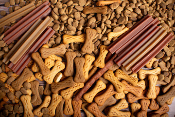 dog food variety. Dry dog food pellets for background