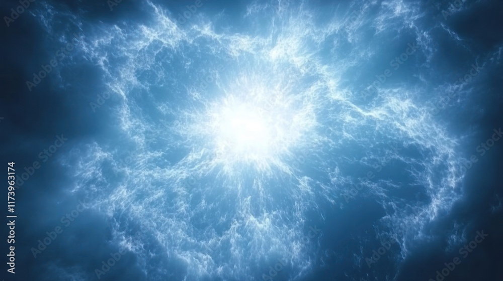 Wall mural bright light exploding from a blue and white cloudy center. suggests creation or energy release. ide