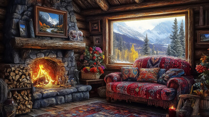 Cozy rustic cabin interior with vibrant couch and stunning mountain view, perfect for wall art, wallpaper, and home decoration.