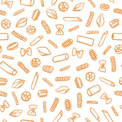 Hand drawn pasta variations seamless pattern. Different types of Italian pasta design for textile, fabric, wrapping paper