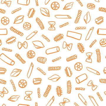 Hand drawn pasta variations seamless pattern. Different types of Italian pasta design for textile, fabric, wrapping paper