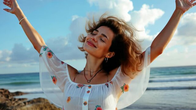 Young woman enjoying the beach breeze with arms outstretched under a bright blue sky and fluffy clouds during a sunny day by the ocean