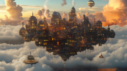 Fototapeta premium Skybound city a floating metropolis at dusk. Skybound. Illustration