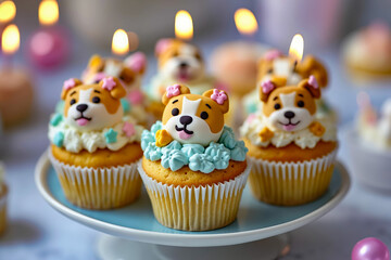 A group of cupcakes with candles on top of them