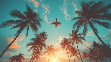 Obraz premium An airplane soaring above palm trees at sunset, representing travel, tourism, adventure, and the excitement of vacations in tropical destinations..