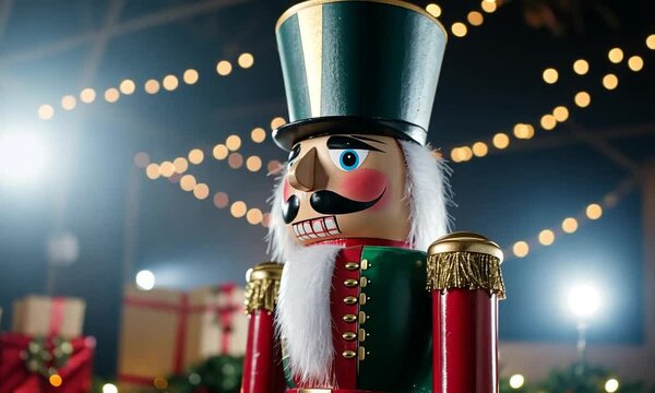 A festive nutcracker figure stands against a twinkling backdrop.