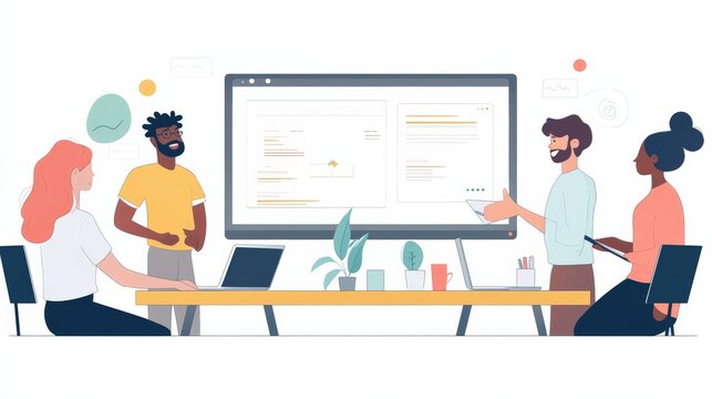 A casual yet professional office scene where five workers collaborate