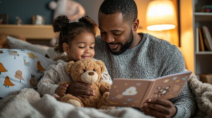 Father reading a bedtime story to his young daughter, who is cuddled under a soft blanket