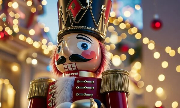 A festive nutcracker figure adorned with holiday decorations.