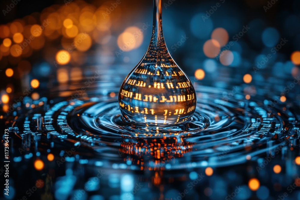 Poster Digital Water Droplet Icon with Binary Code for AI in Water Resource Management and Hydrology Modeling