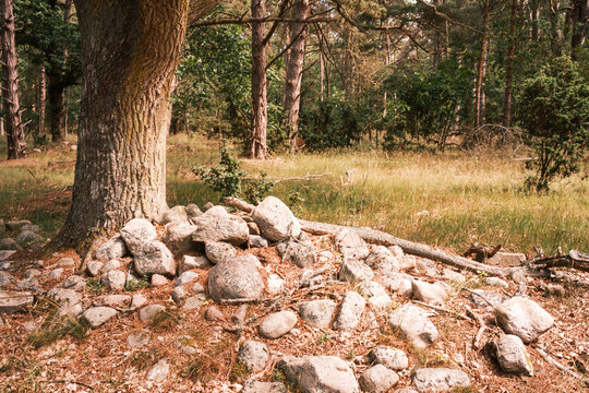 Steinhaufen und Gr&auml;ber im Wald Trollskogen