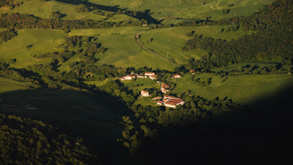 Aerial View of a Serene Village in the Basque Countryside at Sunset