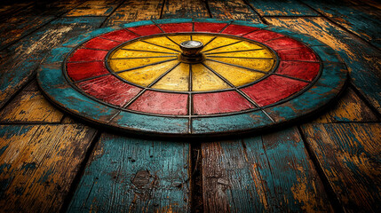 Captivating Wheel of Fortune showcases antique design faded colors. Set against weathered wood warm lighting enhances its nostalgic charm suitable for retro themed endeavors.