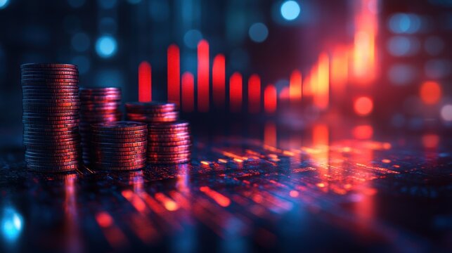 Dynamic Financial Growth Concept with Rising Graph and Coin Stacks Illustrating IPO Process and Investment Opportunities