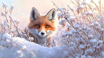 Fototapeta premium Red Fox Emerging From Snowy Winter Bush