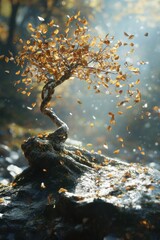 Fototapeta premium Natural elements showcase a serene moment with a tree swaying gently in the wind amidst a misty atmosphere