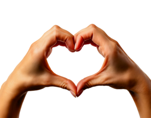 Caucasian female hands in a heart gesture, isolated white transparent background