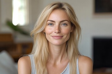 Serene Portrait of Beautiful Mature Blonde Woman in Minimalist Living Room Relaxing and Enjoying Leisure Time