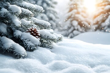 Winter Wonderland with Snow-Covered Pine Branches and Sunlit Snowfall