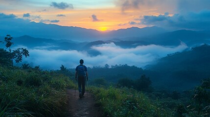 Naklejka premium Hiker walking on mountain trail at sunset, overlooking misty valley.