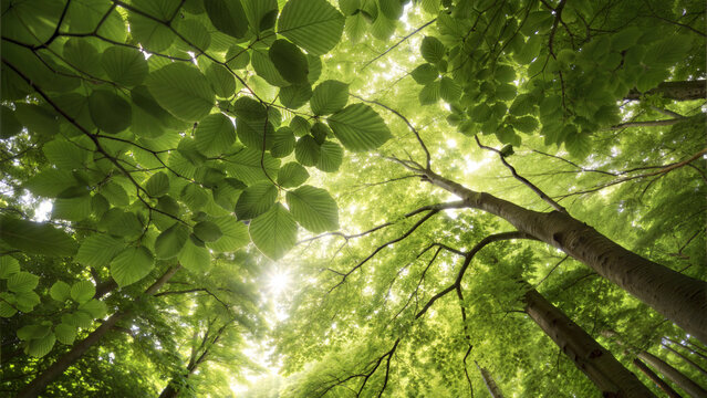 View of lush green forest canopy with sunlight filtering through leaves