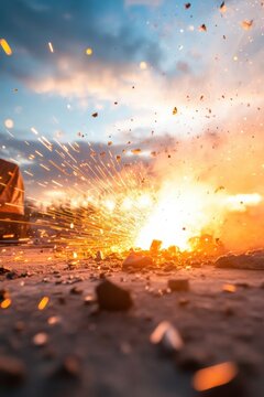 Electrogas welder creating sparks at a construction site showcasing safety and teamwork during a bright afternoon