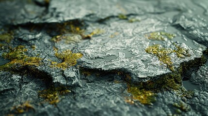 Close-up of textured rock surface with moss and water droplets.