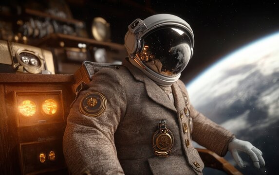 Hyper-realistic astronaut in spacewalk near Earth at International Space Station during exploration journey