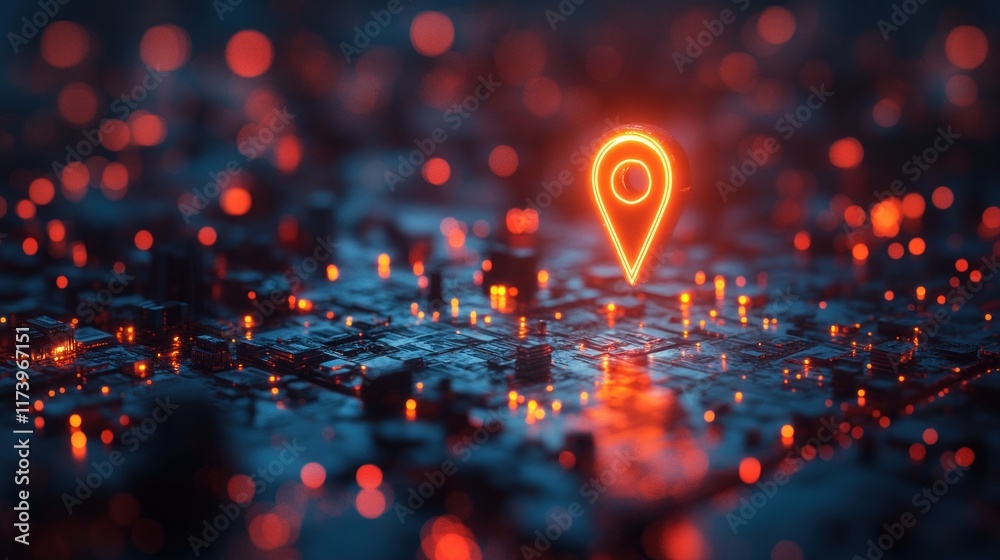 Poster futuristic neon cityscape map with location tracking and geospatial intelligence