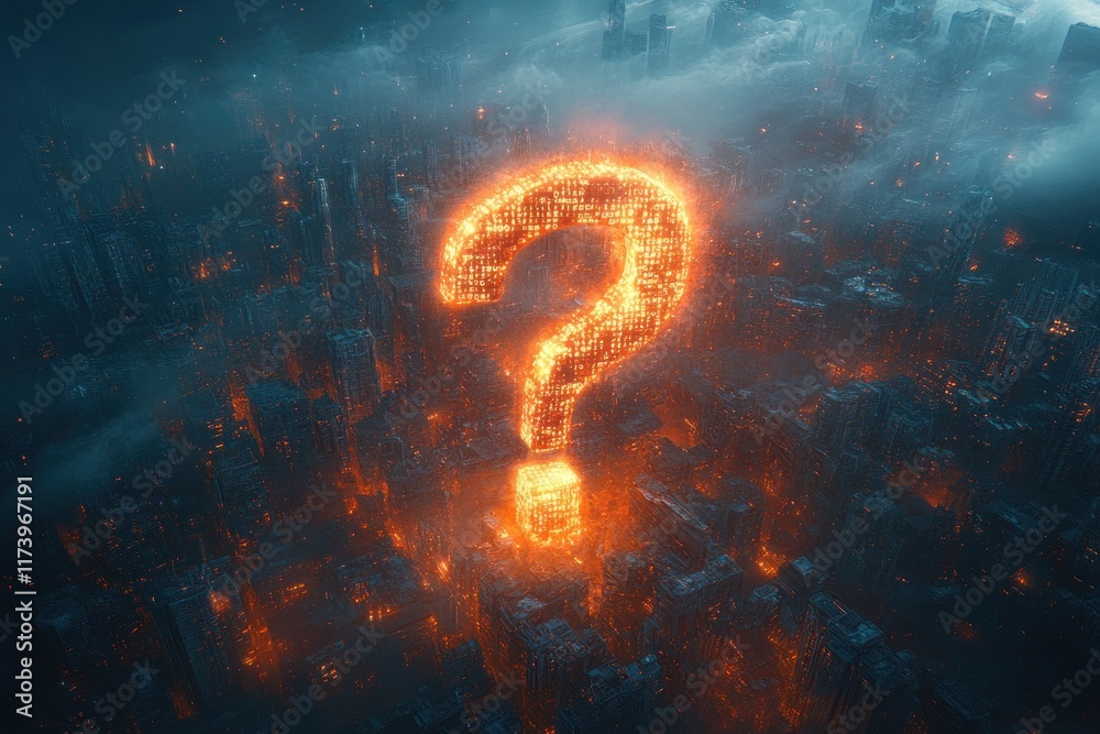 Poster Futuristic Digital Question Mark Made of Binary Code Surrounded by Data Streams and Soft Blue Lighting
