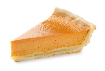 Piece of tasty homemade pumpkin pie isolated on white