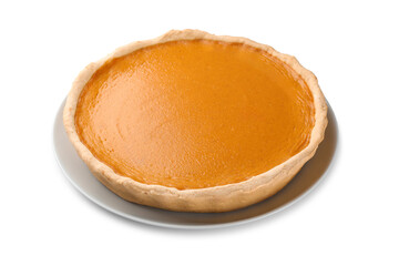 Tasty homemade pumpkin pie isolated on white