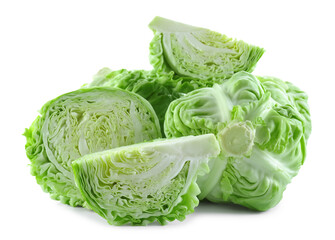 Whole and cut cabbages isolated on white