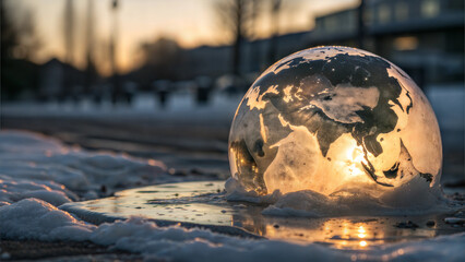 Melting glass globe symbolizing climate change on a city pavement