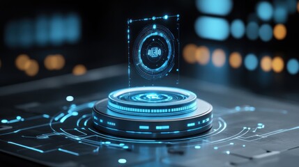 Futuristic holographic interface displaying data and controls. Ideal for visualizing complex systems, data analysis, and interactive dashboards in tech and sci-fi settings.