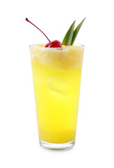 Tasty pineapple cocktail with cherry in glass isolated on white
